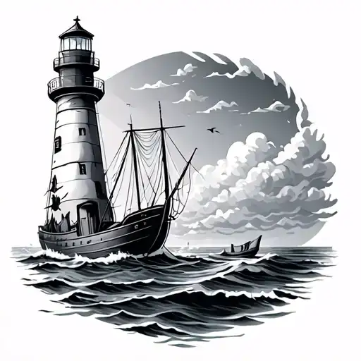 lighthouse with a fishing boat with fish net tattoo design idea