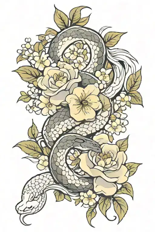 white snake and white flowers tattoo design idea