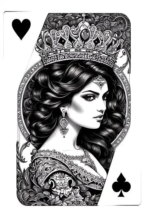 Queen of hearts, queen card, chola woman tattoo design idea