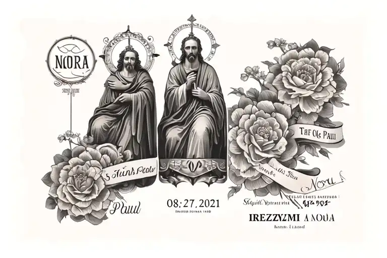 tattoo sleeve with Saint Peter and Saint Paul with the date 08/27/2021. also include the name Nora with the date 5/23/24 tattoo design idea