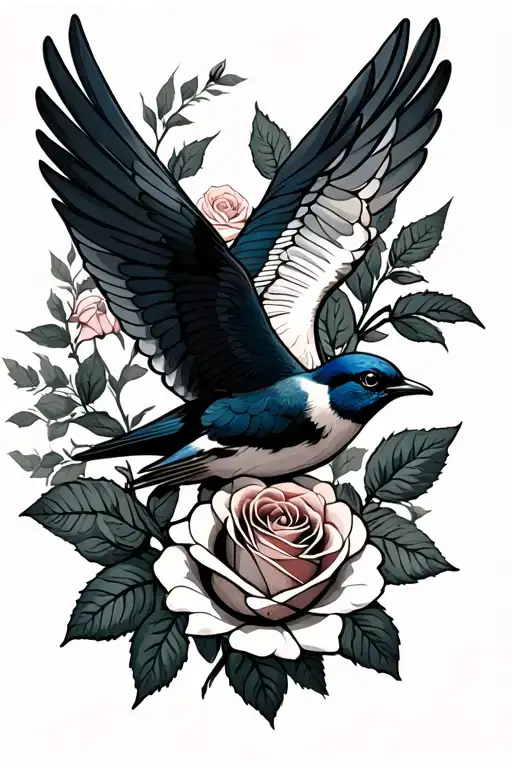 swallow and roses  tattoo design idea