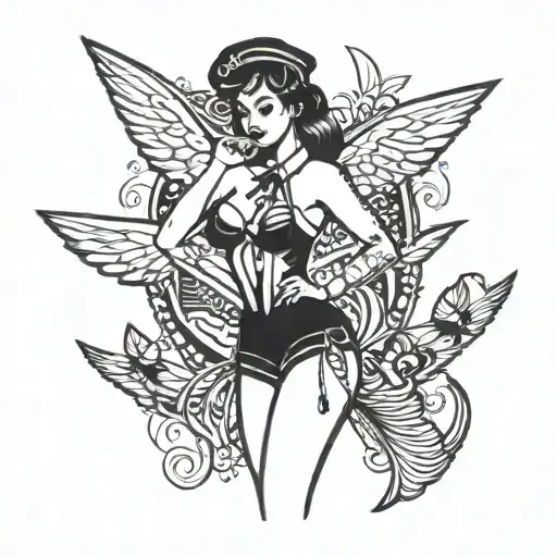 sailor Jerry's style navy girl topless tattoo black and white small simple tattoo design idea