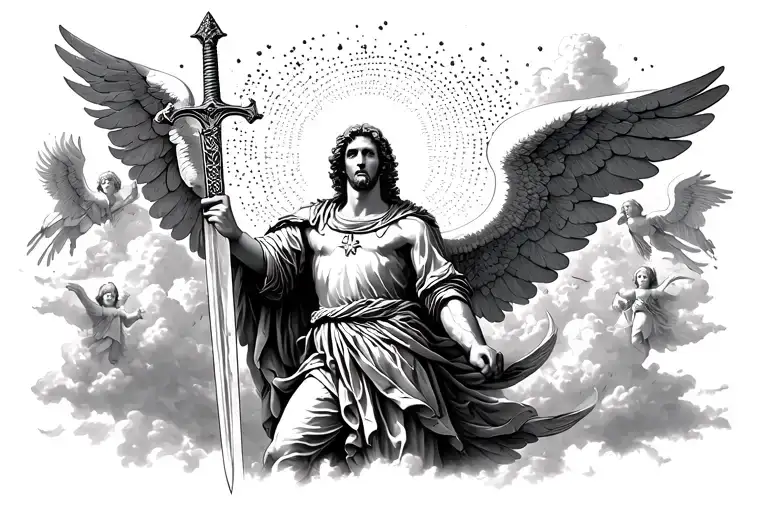 st michael coming down from the clouds, with small angels in the backround, he is in soldier form holidng a sword tattoo design idea