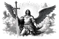 st michael coming down from the clouds, with small angels in the backround, he is in soldier form holidng a sword tattoo design idea