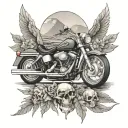 Harley Davidson motorcycle, landscape and skull tattoo design idea
