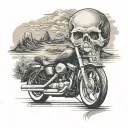 Harley Davidson motorcycle, landscape and skull tattoo design idea