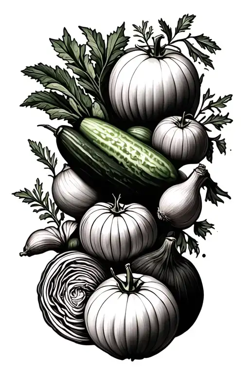 tomatoe, cucumbers, raddish, cabbage, garlic, onion, herbs tattoo design idea