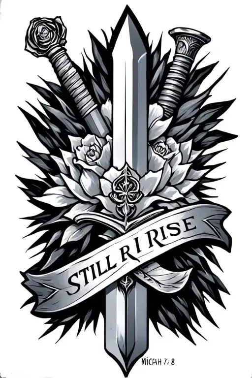 sword that says still I rise with Micah 7:8 tattoo design idea