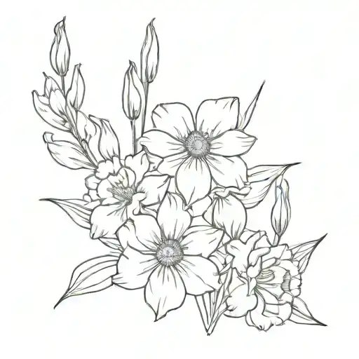 bouquet of Narcissus, Cosmos, Carnation and Poppy tattoo design idea