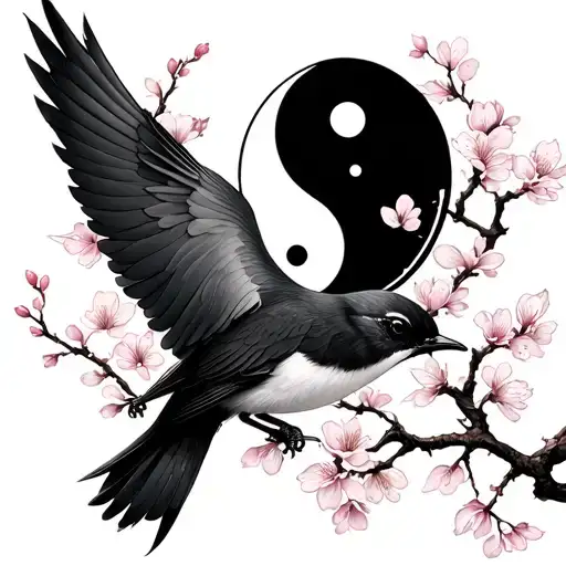 japanese inspired swallow bird, with Japanese cherry blossom and a yin and yang  tattoo design idea