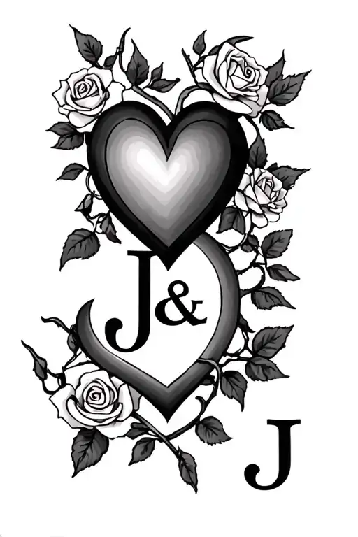 rose vines and heart J&J initials intertwined tattoo design idea