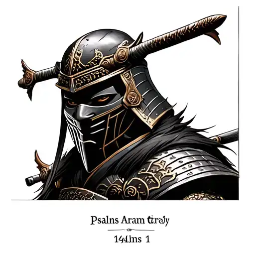 The top of a masked samurai warrior with psalms 144: 1 small below, around the tattoo tattoo design idea