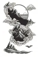 sun shining mountains ocean scene tattoo design idea