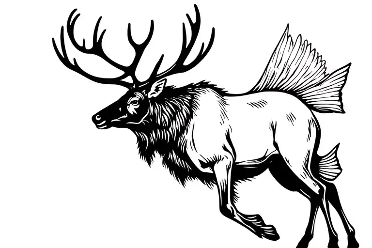 an elk with a fish jumping tattoo design idea