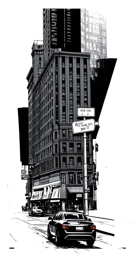 city street with tall buildings and street signs and on a busy day tattoo design idea