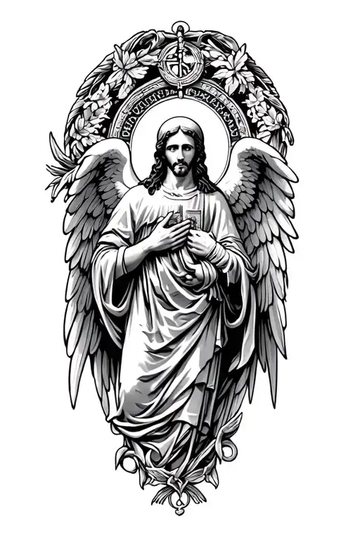 archangel and St Benedict medal intertwined tattoo design idea