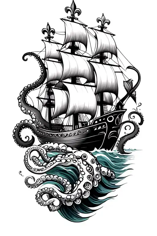 Octopus, fish scales, waves, fleur de lis, pirate ship tattoo design idea