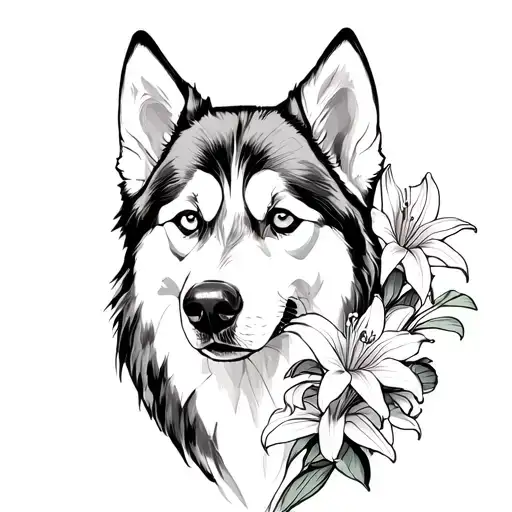 half husky half lily flower tattoo design idea