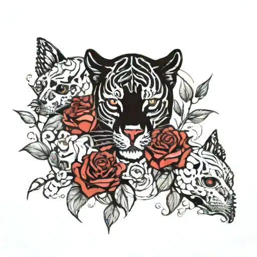 skull, roses, skull butterflies fluttering with red sun and the red sun shining with black panther and tiger cuddling tattoo design idea