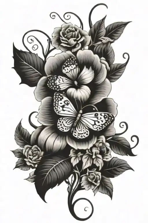 floral garden tattoo with animals, insects, and vines that spans from high hip to thigh on right side of the body tattoo design idea