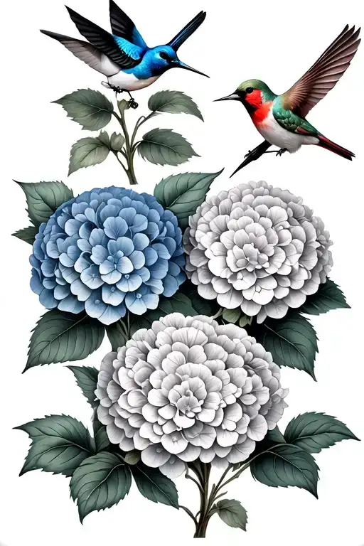 three hydrangeas with hummingbird, bluebird, and cardinal  tattoo design idea