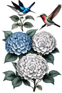 three hydrangeas with hummingbird, bluebird, and cardinal  tattoo design idea