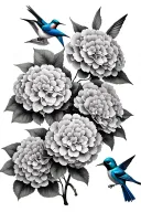 three hydrangeas with hummingbird, bluebird, and cardinal  tattoo design idea
