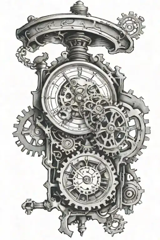In the center is a small clock with a cracked dial, gears at the top and bottom, about the same size as the clock tattoo design idea