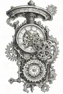 In the center is a small clock with a cracked dial, gears at the top and bottom, about the same size as the clock tattoo design idea