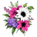 Black and white sunflowers, purple gladiolas, black and white lilacs and pink bougainvillea on the top of forearm with b tattoo design idea