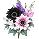 Black and white sunflowers, purple gladiolas, black and white lilacs and pink bougainvillea on the top of forearm with b tattoo design idea