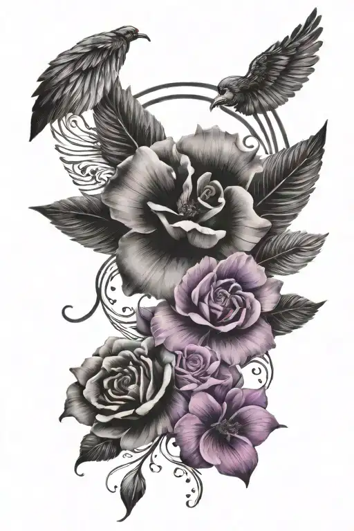 black and grey dog paw print with purple flower golden halo and black angel wings tattoo design idea