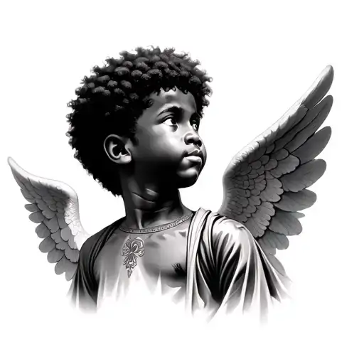 realistic African American angel boy with Afro praying with head looking slightly up for a neck tattoo tattoo design idea