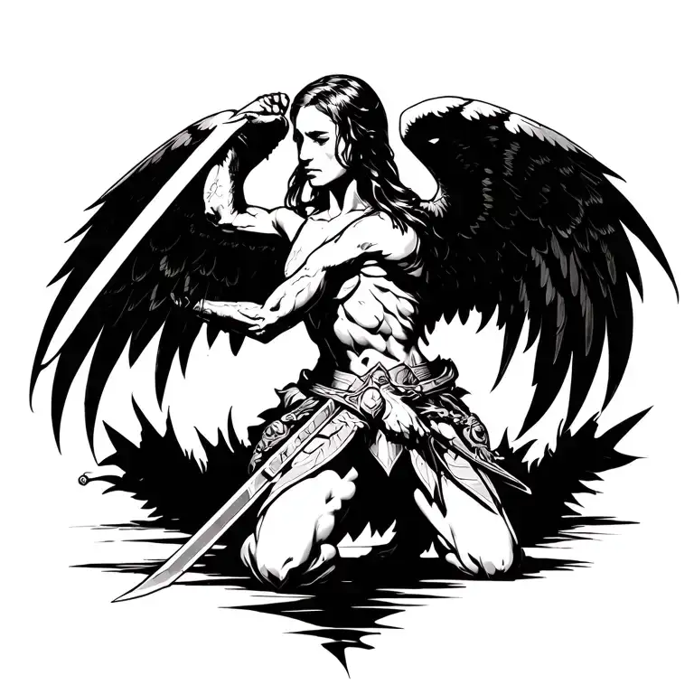 winged warrior kneeling with sword tattoo design idea