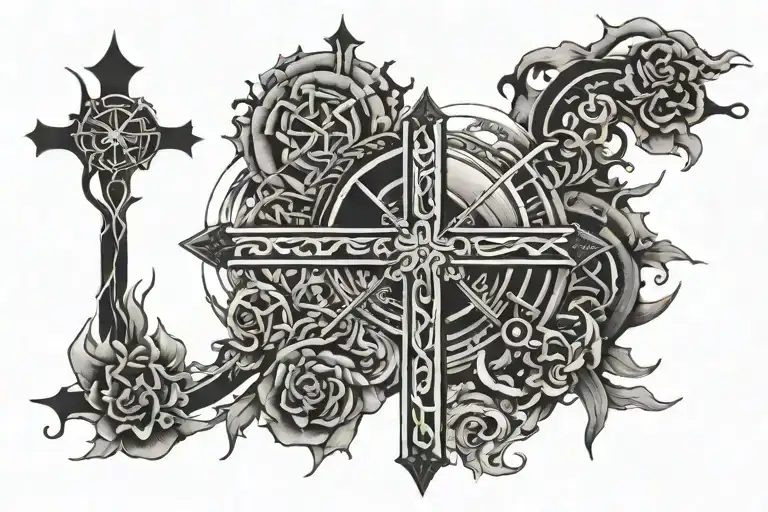 Make me a cross tattoo with the sun rising and the bottom of the cross have a more samurai bottom tattoo design idea