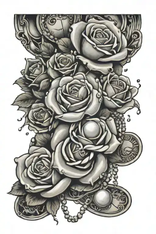 pearl necklace and roses with money falling tattoo design idea