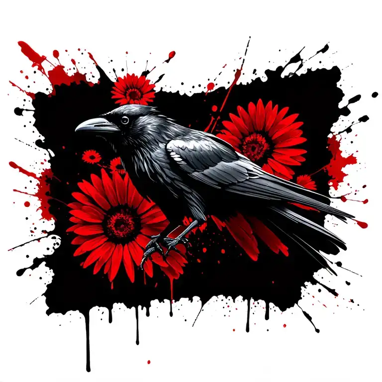 A raven with outstretched wings, red daisies in the background tattoo design idea