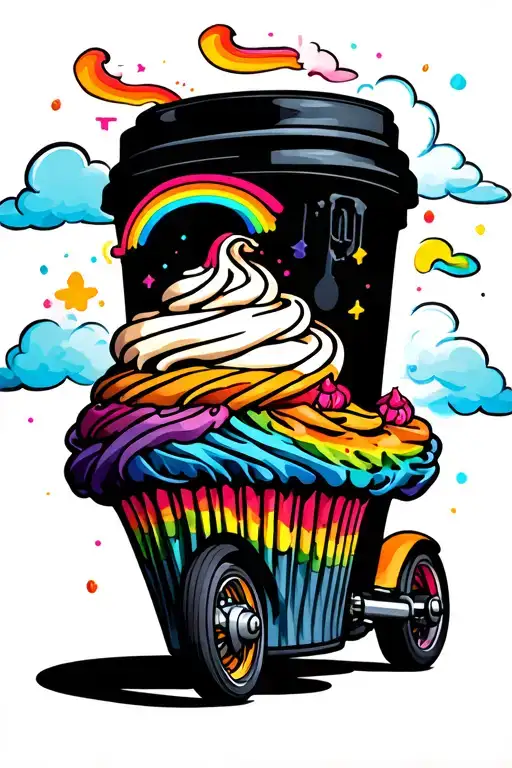 rainbow clouds coffee cup cupcake riding tattoo design idea