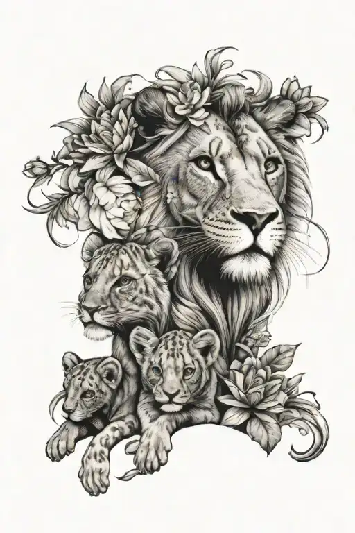 Mama lion and 2 cubs, waterlily flower , larkspur flower  tattoo design idea