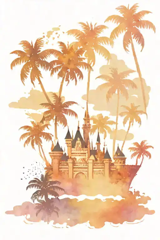 black silhouette of a cruise ship, Palm trees and black silhouette of disney castle on watercolor background  tattoo design idea