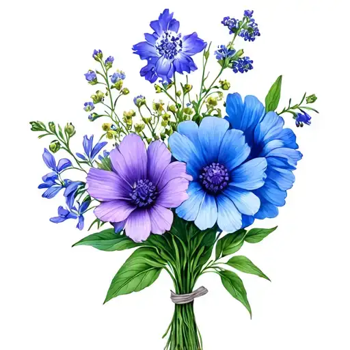 Bouquet of one larkspur, one cosmos, one hawthorn, and one narcissus fine line tattoo tattoo design idea