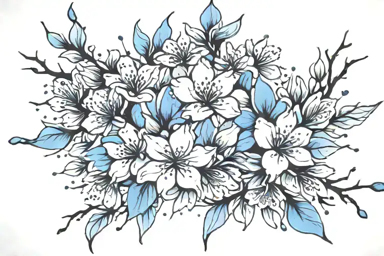Cherry blossom petals falling, deep blue petals dark blue petals, purple petals, light blue petals, black branch tattoo design idea