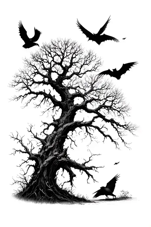 Dark forest scene with crows flying away and bats flying across tattoo design idea