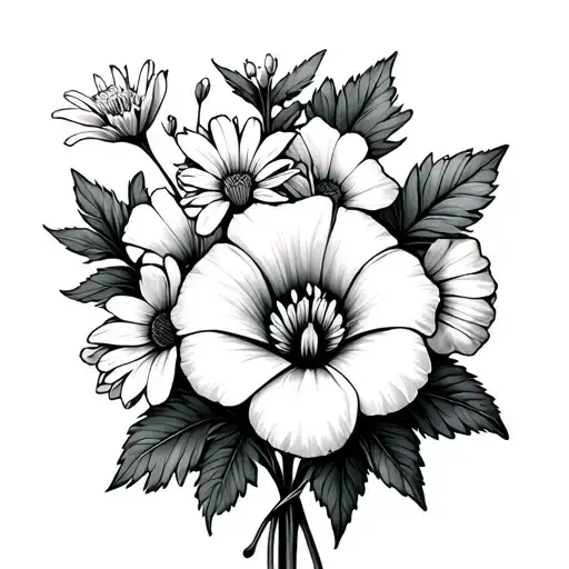 morning glory flower, aster flower, carnation flower snowdrop flower bouquet  dainty tattoo design idea