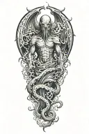 cthulhu rising from the ocean, head on fire, dragon wings, holding a tome, hyper realistic tattoo design idea