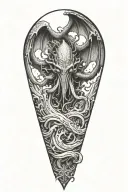 cthulhu rising from the ocean, head on fire, dragon wings, holding a tome, hyper realistic tattoo design idea