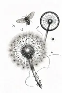 A sketch style tattoo of a dandelion blowing in the wind, with delicate ladybug crawling on one of the steeds, compass tattoo design idea