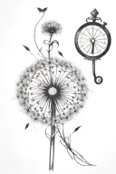 A sketch style tattoo of a dandelion blowing in the wind, with delicate ladybug crawling on one of the steeds, compass tattoo design idea