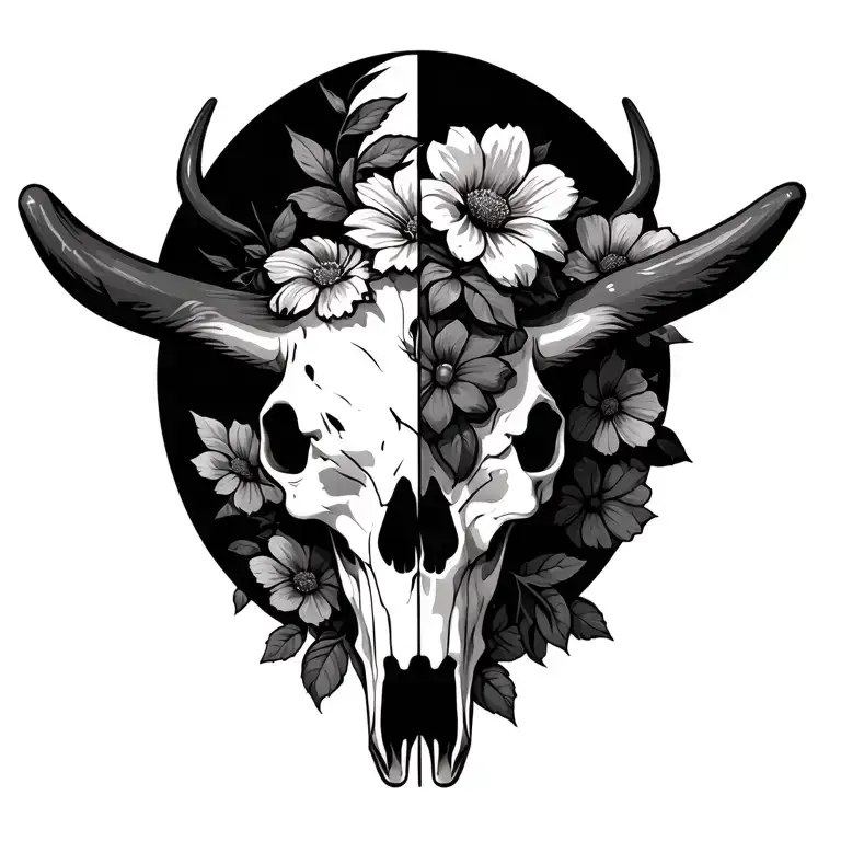 bull skull half flowers for joy and success and half dead for bad times  tattoo design idea