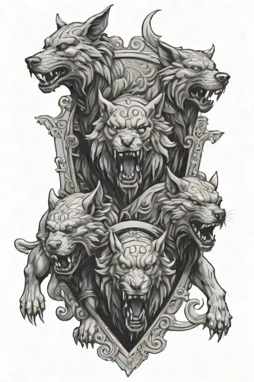 Cerberus guarding the gates with a sheild tattoo design idea